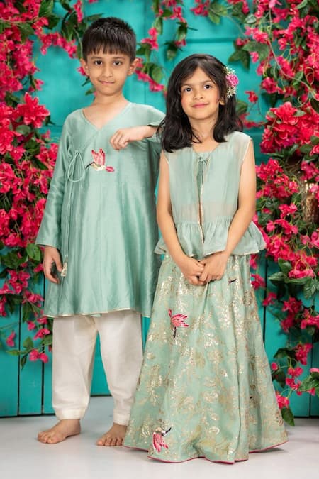 Shruti Jalan_Green Organza, Chanderi Smocking, Embroidery, Zari Bird Lehenga Set _Online_at_Aza_Fashions