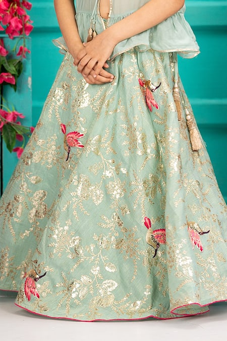 Buy_Shruti Jalan_Green Organza, Chanderi Smocking, Embroidery, Zari Bird Lehenga Set _Online_at_Aza_Fashions