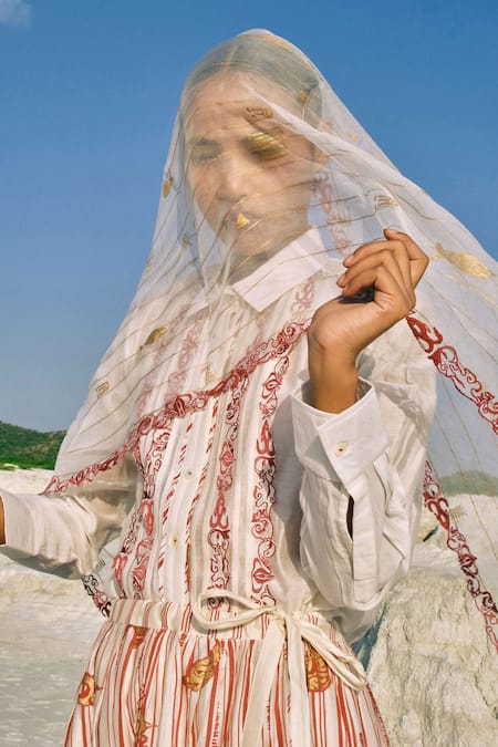 Ahmev Ivory Embroidery, Tassels Win Silk Organza Scarf Online at Aza Fashions Ahmev_Ivory Embroidery, Tassels Win Silk Organza Scarf _Online_at_Aza_Fashions