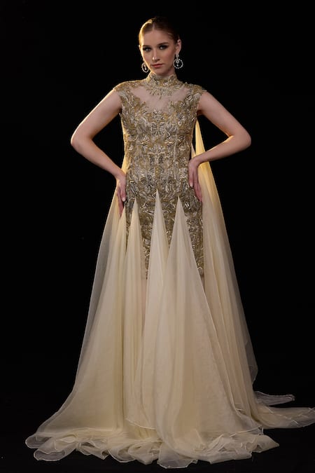 Samant Chauhan High-Neck Embellished Velvet Gown 