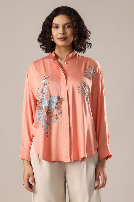 GOLDN_Peach Crepe Embroidery, Sequins Mandarin Collar Floral Hand Shirt _Online_at_Aza_Fashions