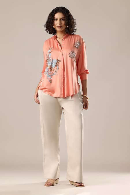 Shop_GOLDN_Peach Crepe Embroidery, Sequins Mandarin Collar Floral Hand Shirt _Online_at_Aza_Fashions