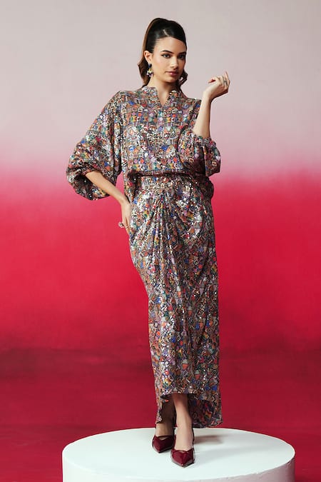 Rainas_Multi Color Georgette Sequins Mandarin Collar Work Top And Skirt Set _Online_at_Aza_Fashions