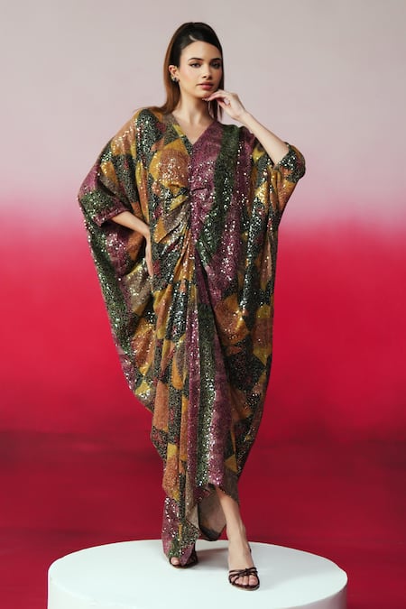 Rainas Multi Color Georgette Sequins V-neck Badshah Work Print Kaftan Online at Aza Fashions Rainas_Multi Color Georgette Sequins V-neck Badshah Work Print Kaftan _Online_at_Aza_Fashions
