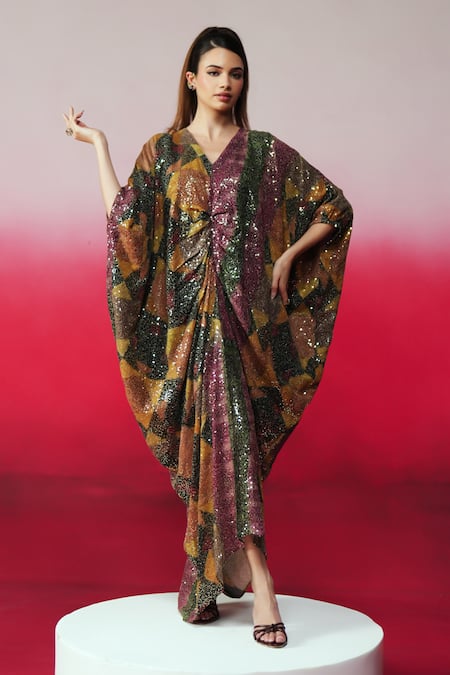 Shop Rainas Multi Color Georgette Sequins V-neck Badshah Work Print Kaftan Online at Aza Fashions Shop_Rainas_Multi Color Georgette Sequins V-neck Badshah Work Print Kaftan _Online_at_Aza_Fashions