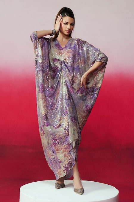 Rainas_Purple Georgette Sequins V-neck Jazbaa Work And Printed Kaftan _at_Aza_Fashions