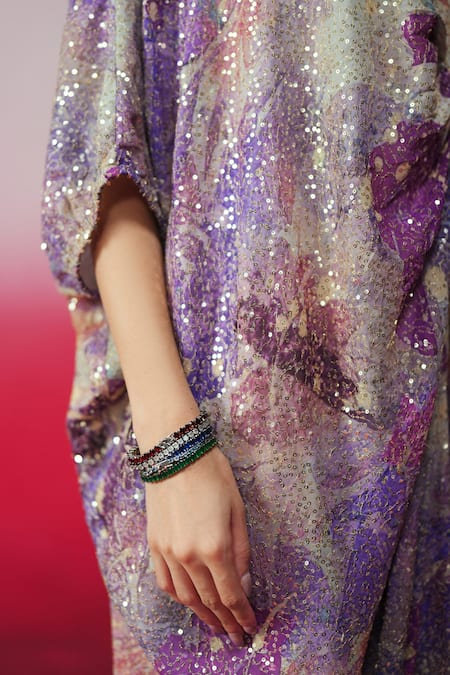 Buy_Rainas_Purple Georgette Sequins V-neck Jazbaa Work And Printed Kaftan 