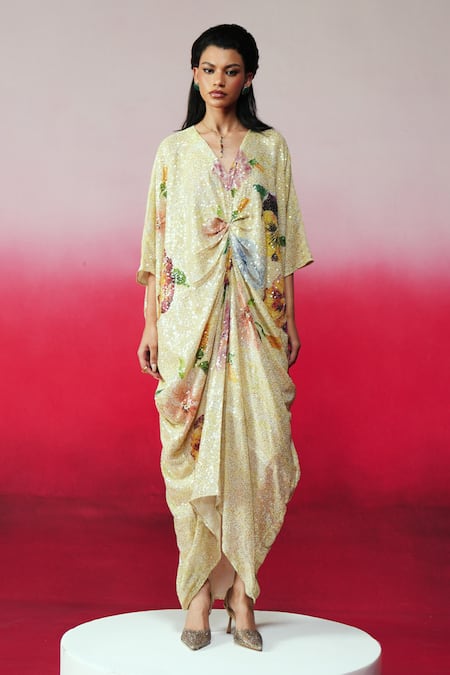 Shop_Rainas_Yellow Georgette Sequins V-neck Sheesh Mahal Work And Printed Kaftan _Online_at_Aza_Fashions