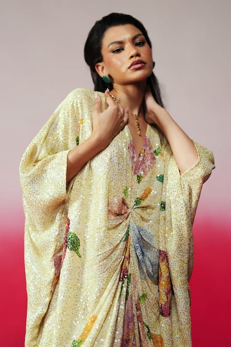 Rainas_Yellow Georgette Sequins V-neck Sheesh Mahal Work And Printed Kaftan _at_Aza_Fashions
