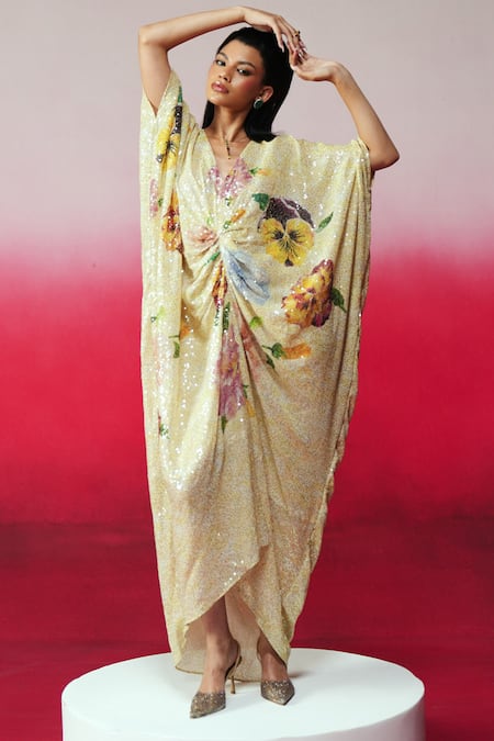 Buy_Rainas_Yellow Georgette Sequins V-neck Sheesh Mahal Work And Printed Kaftan 