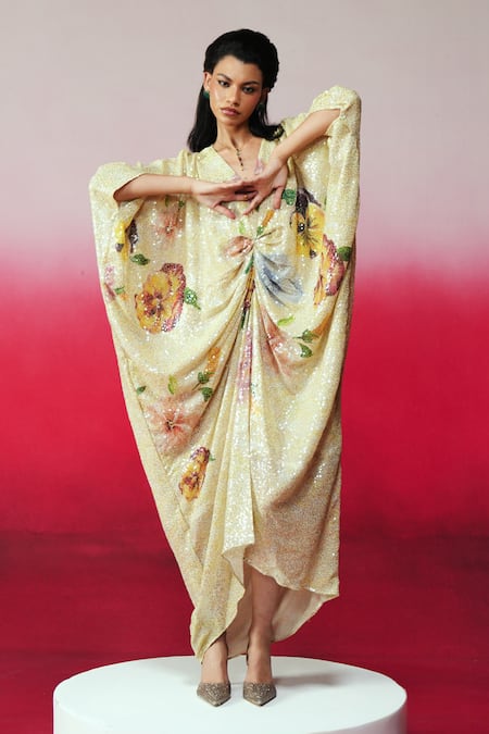 Shop_Rainas_Yellow Georgette Sequins V-neck Sheesh Mahal Work And Printed Kaftan 