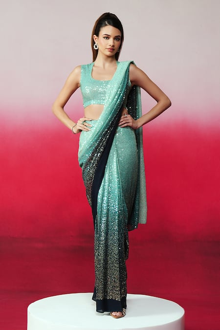 Rainas Chandni Ombre Sequin Saree With Unstitched Blouse 