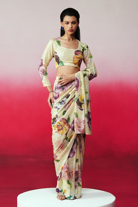 Rainas Kalam Pre-Stitched Saree With Unstitched Blouse Fabric 