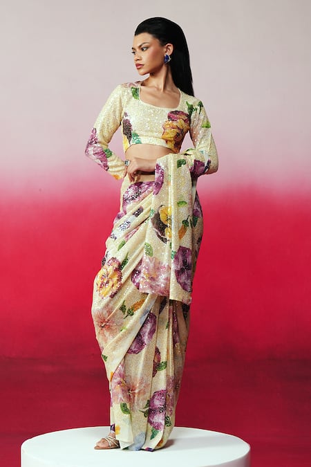 Rainas Kalam Pre-Stitched Saree With Unstitched Blouse Fabric 