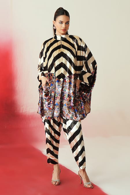 Rainas_Multi Color Velvet High Neck Printed Tunic Set _Online_at_Aza_Fashions