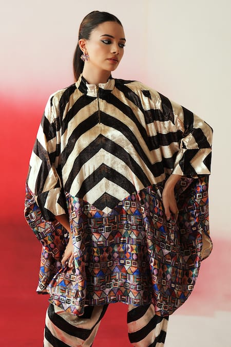 Rainas_Multi Color Velvet High Neck Printed Tunic Set _at_Aza_Fashions