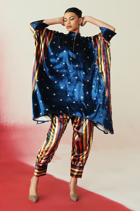 Rainas_Multi Color Velvet Mandarin Collar Printed High Neck Kaftan Pant Set _at_Aza_Fashions