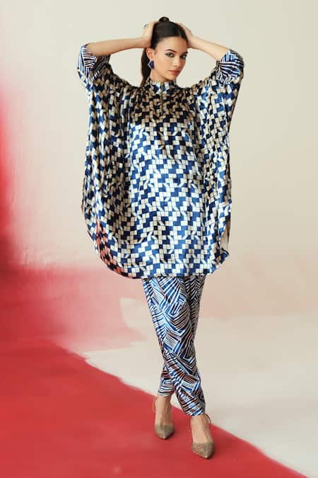 Shop_Rainas_Blue Velvet Mandarin Collar Printed Kaftan And Pant Set _Online_at_Aza_Fashions