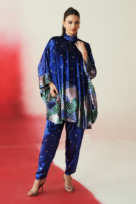 Shop_Rainas_Multi Color Velvet Mandarin Collar Printed Kaftan Pant Set _Online_at_Aza_Fashions