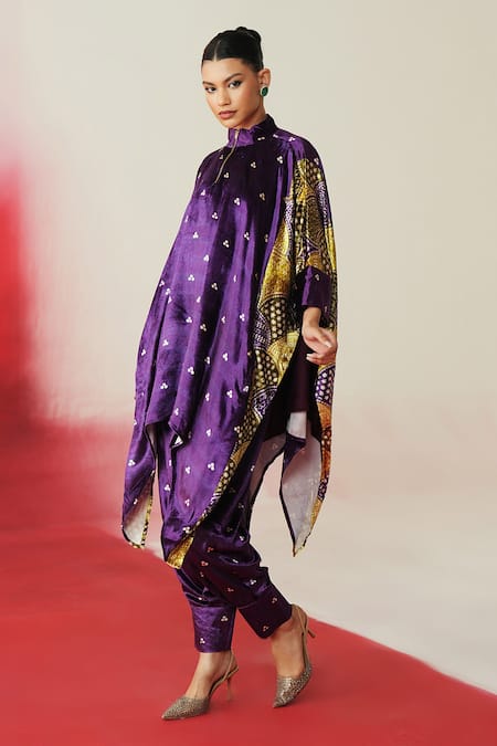 Rainas_Purple Velvet Sequins, Tassels Mandarin Collar Printed Asymmetric Kaftan Set _Online_at_Aza_Fashions