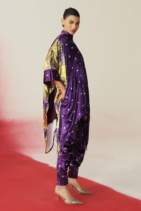 Buy_Rainas_Purple Velvet Sequins, Tassels Mandarin Collar Printed Asymmetric Kaftan Set _Online_at_Aza_Fashions