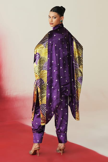 Rainas Printed Asymmetric Velvet Kaftan Set 