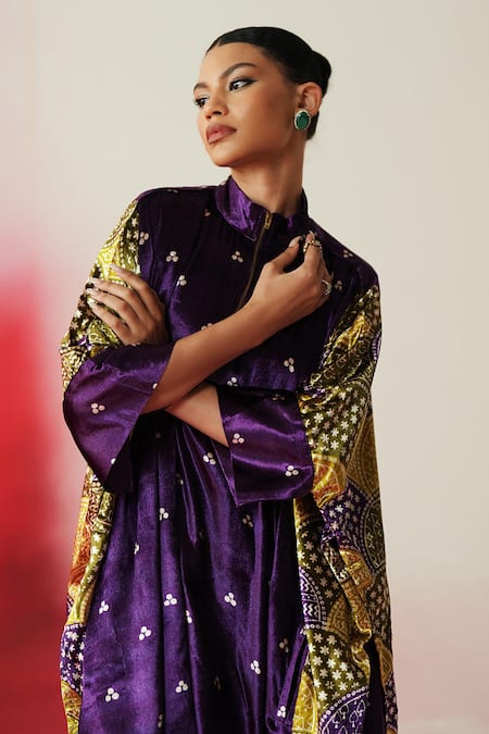 Rainas_Purple Velvet Sequins, Tassels Mandarin Collar Printed Asymmetric Kaftan Set _at_Aza_Fashions