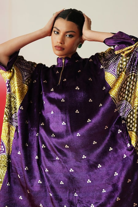 Buy_Rainas_Purple Velvet Sequins, Tassels Mandarin Collar Printed Asymmetric Kaftan Set 