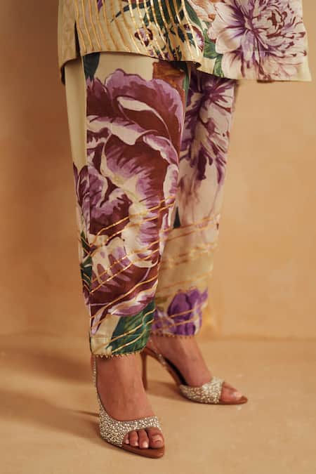 Shop_Rainas_Beige Satin, Silk Tassels Round Neck Soft Sage Printed Shirt Kurta Set 