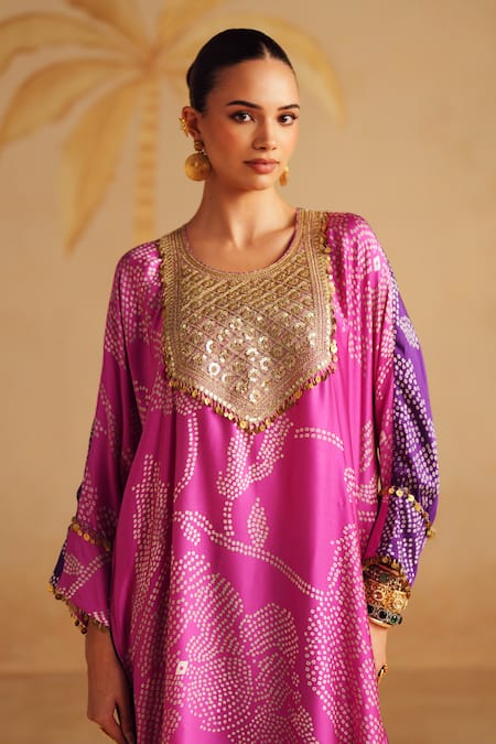 Shop_Rainas_Pink Satin, Silk Sequins, Zari Round Neck Gulraang Print Kurta Set _Online_at_Aza_Fashions
