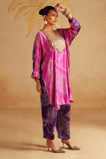 Rainas_Pink Satin, Silk Sequins, Zari Round Neck Gulraang Print Kurta Set _at_Aza_Fashions