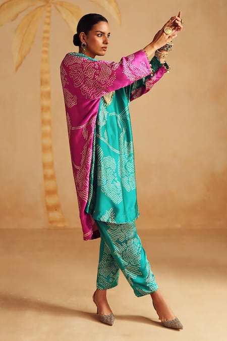 Rainas_Turquoise Satin, Silk Zari V-neck Neelraas Printed Kurta Pant Set _Online_at_Aza_Fashions