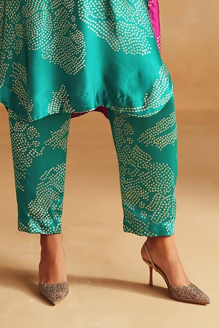 Buy_Rainas_Turquoise Satin, Silk Zari V-neck Neelraas Printed Kurta Pant Set _Online_at_Aza_Fashions