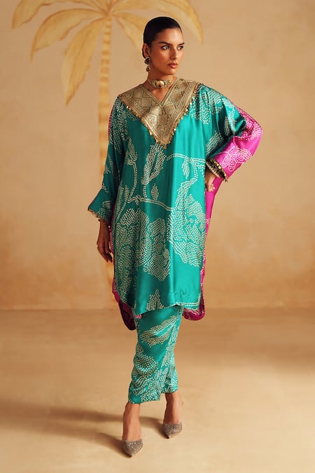 Shop_Rainas_Turquoise Satin, Silk Zari V-neck Neelraas Printed Kurta Pant Set _Online_at_Aza_Fashions