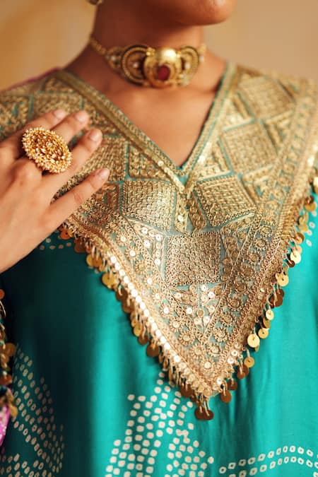 Shop_Rainas_Turquoise Satin, Silk Zari V-neck Neelraas Printed Kurta Pant Set 