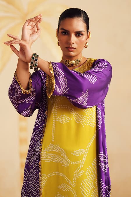 Buy_Rainas_Yellow Satin, Silk Tassels Split V-neck Bandhej Ruhani Printed Kurta Pant Set 