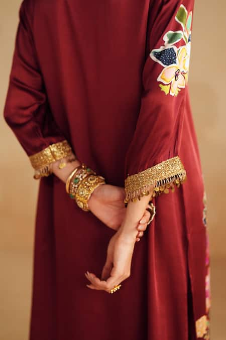 Buy_Rainas_Maroon Satin, Organza Sequins, Zari, Tassels Rosina Printed Kurta Pant Set _Online_at_Aza_Fashions