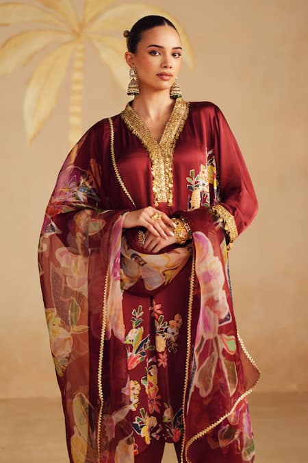 Shop_Rainas_Maroon Satin, Organza Sequins, Zari, Tassels Rosina Printed Kurta Pant Set _Online_at_Aza_Fashions