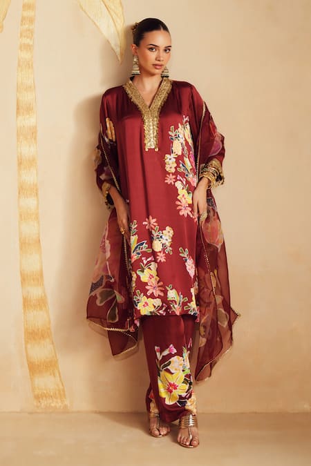 Rainas_Maroon Satin, Organza Sequins, Zari, Tassels Rosina Printed Kurta Pant Set _at_Aza_Fashions