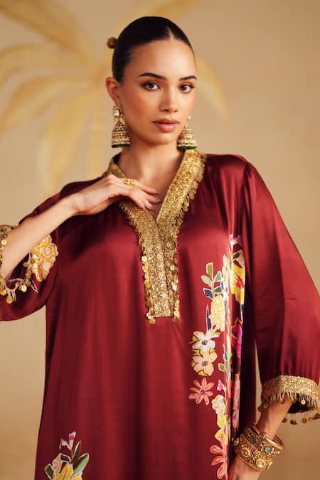 Buy_Rainas_Maroon Satin, Organza Sequins, Zari, Tassels Rosina Printed Kurta Pant Set 