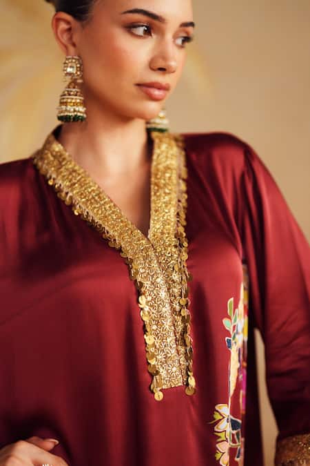 Shop_Rainas_Maroon Satin, Organza Sequins, Zari, Tassels Rosina Printed Kurta Pant Set 