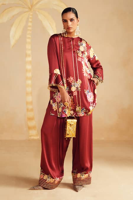 Rainas_Maroon Satin, Organza Zari, Tassels Round Neck Dewrose Printed Kurta Pant Set _Online_at_Aza_Fashions