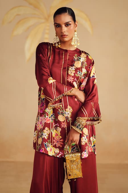 Shop_Rainas_Maroon Satin, Organza Zari, Tassels Round Neck Dewrose Printed Kurta Pant Set _Online_at_Aza_Fashions