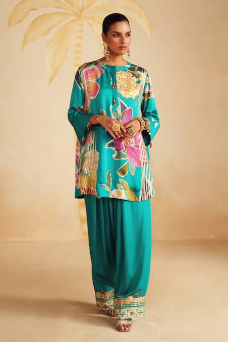 Rainas_Turquoise Satin, Organza Zari, Tassels Round Pale Coral Printed Kurta Pant Set _Online_at_Aza_Fashions