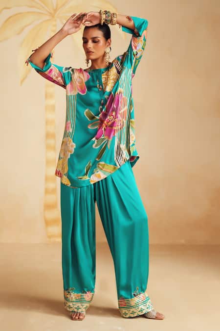 Buy_Rainas_Turquoise Satin, Organza Zari, Tassels Round Pale Coral Printed Kurta Pant Set _Online_at_Aza_Fashions