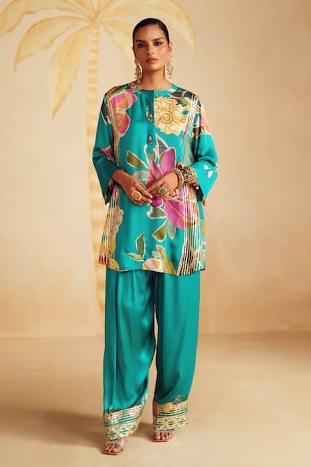 Shop_Rainas_Turquoise Satin, Organza Zari, Tassels Round Pale Coral Printed Kurta Pant Set _Online_at_Aza_Fashions