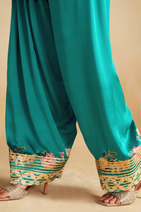 Rainas_Turquoise Satin, Organza Zari, Tassels Round Pale Coral Printed Kurta Pant Set _at_Aza_Fashions