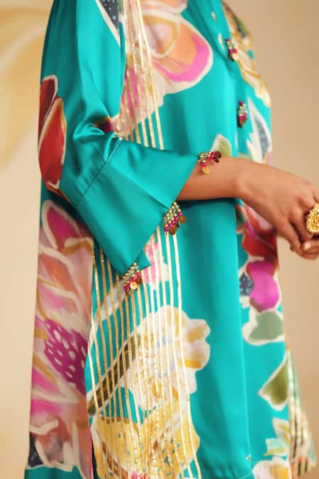 Shop_Rainas_Turquoise Satin, Organza Zari, Tassels Round Pale Coral Printed Kurta Pant Set 