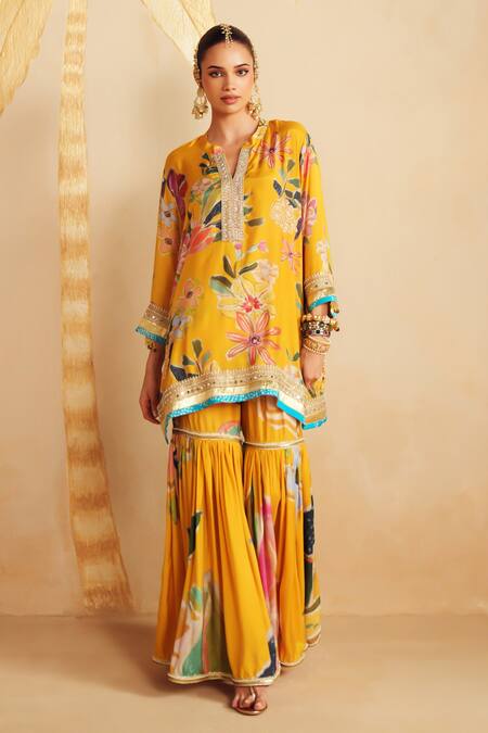 Rainas_Yellow Satin, Organza Sequins, Zari, Meadowfall Printed Kaftan Kurta Sharara Set _Online_at_Aza_Fashions