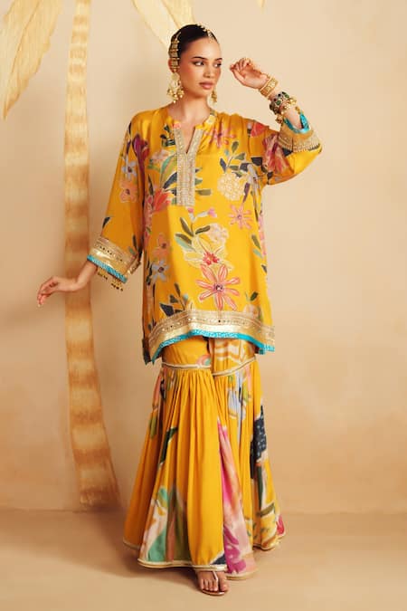 Shop_Rainas_Yellow Satin, Organza Sequins, Zari, Meadowfall Printed Kaftan Kurta Sharara Set _Online_at_Aza_Fashions